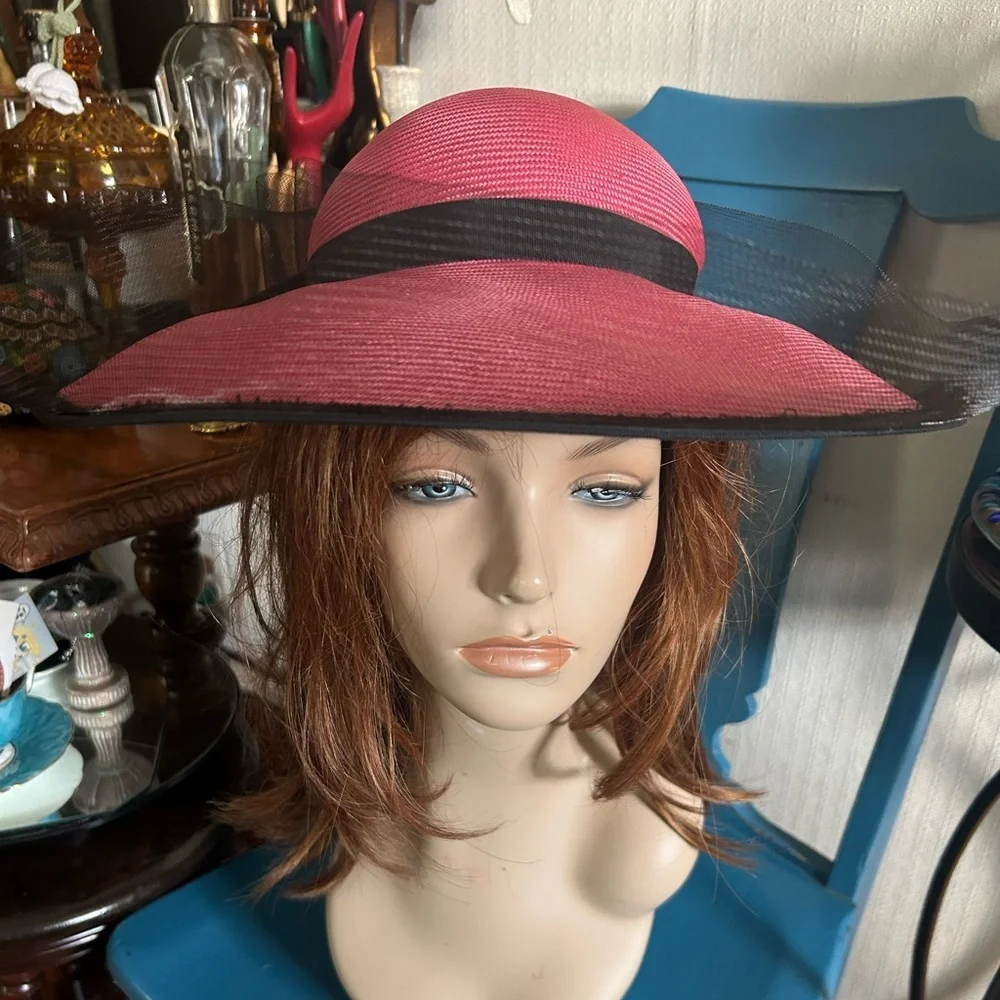 Vintage Pink & Black Wide Brim Derby Hat